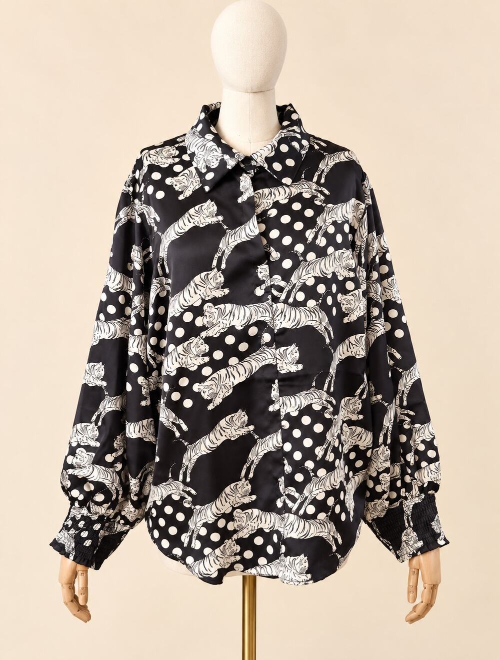 First Love by Lovelyn Black & White Tiger Polka Dot Novelty Blouse Size M